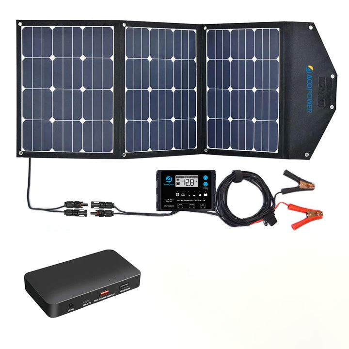 ACOPower foldable solar panel laid out with charge controller, cables, battery clamps, and power bank