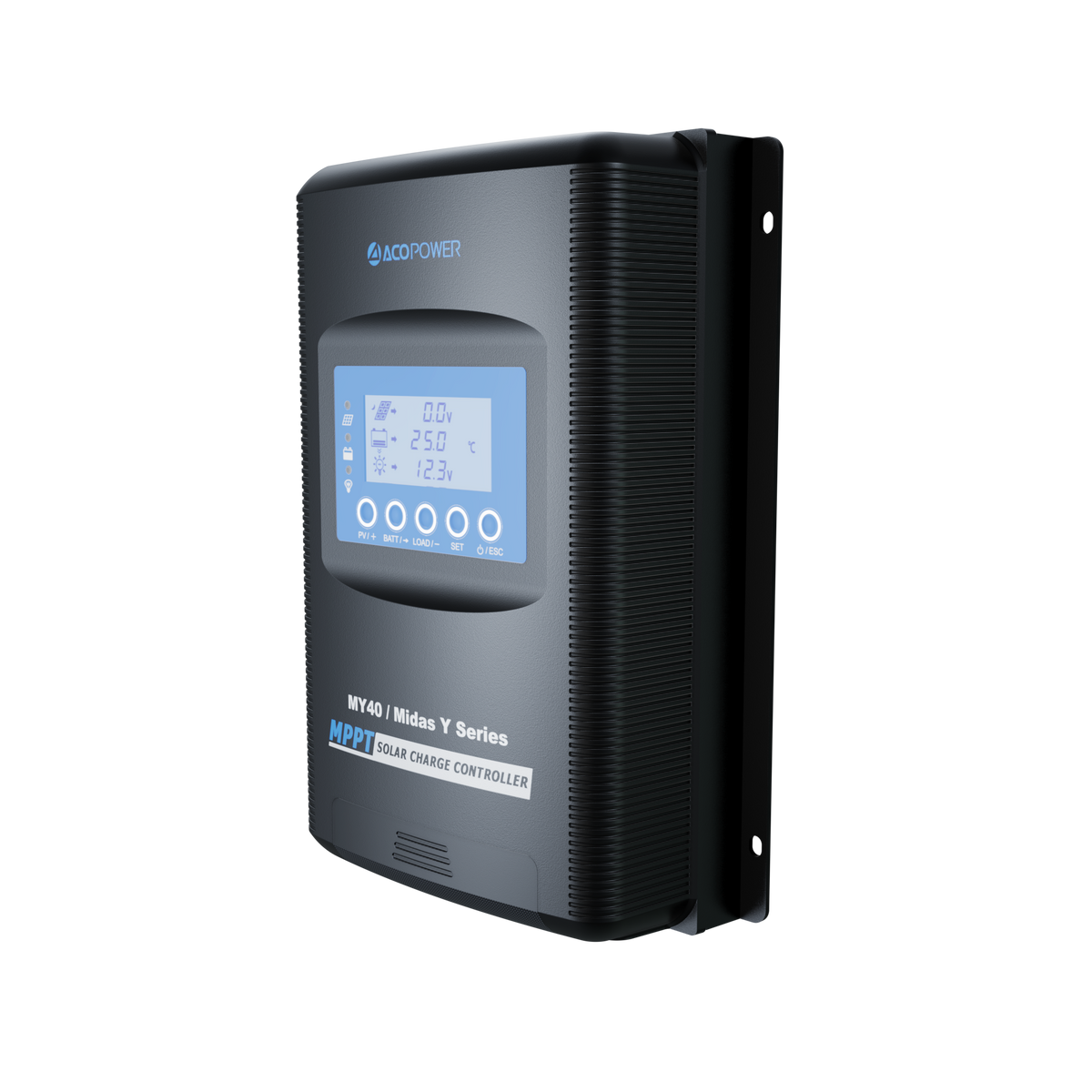 Midas 40 amp MPPT solar charge controller on a black background, alternate frame