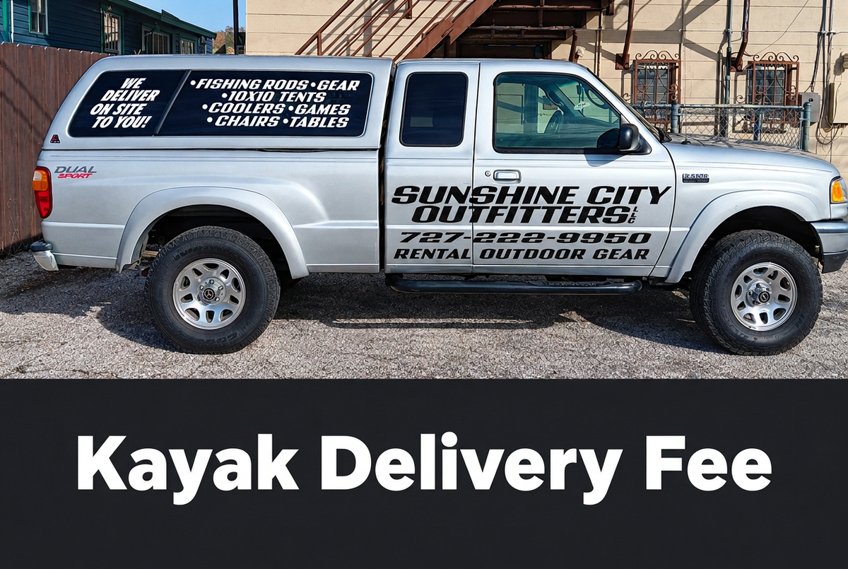Sunshine City Outfitters delivery truck with Kayak Delivery Fee wording