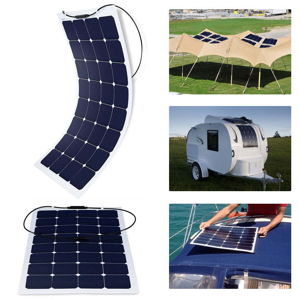 ACOPOWER 110 watt flexible solar panel with canopy, camper, and boat mounting examples