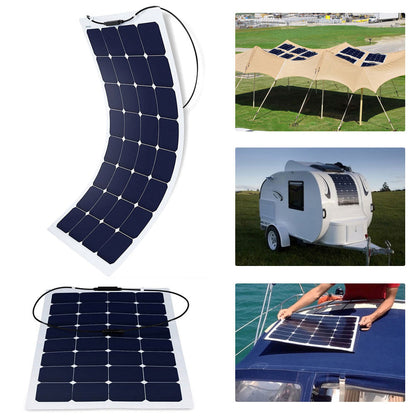 ACOPOWER 110 watt flexible solar panel with canopy, camper, and boat mounting examples