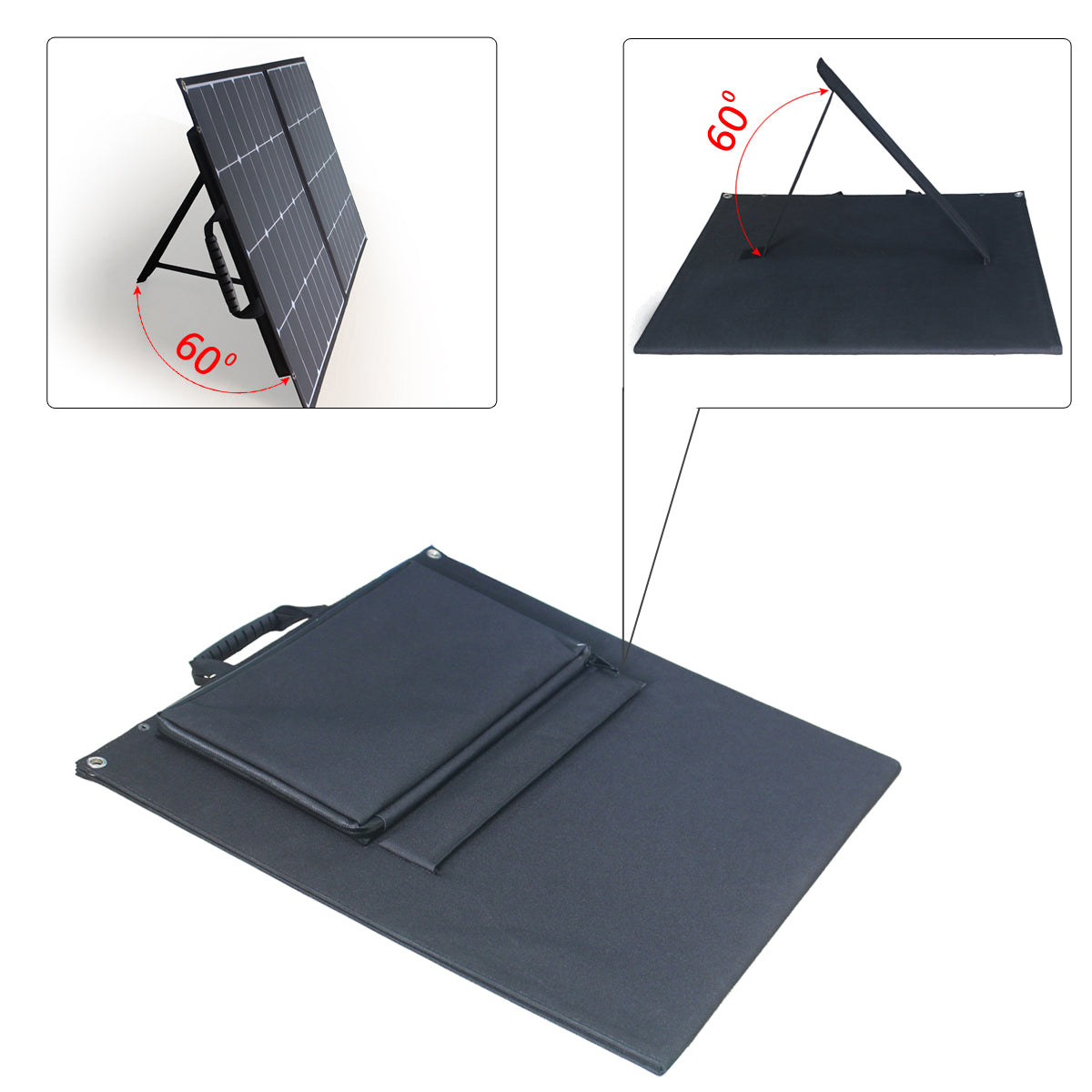 Kickstand angle guide and folded back view of the ACOPOWER 100W foldable solar panel