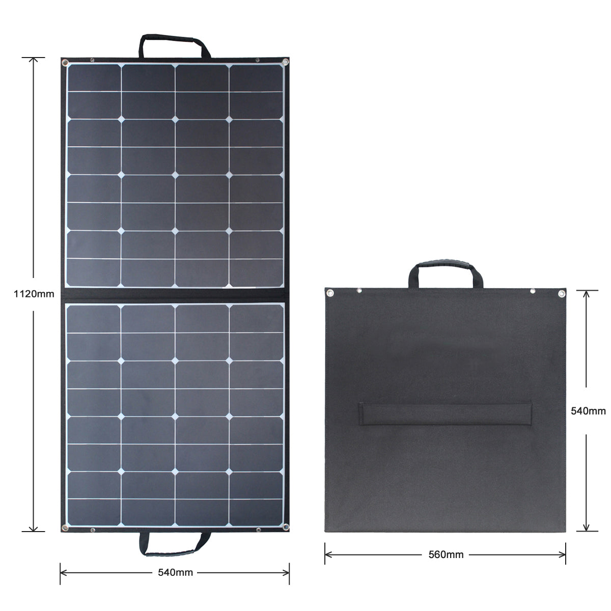 Dimension diagram for the ACOPOWER 100W foldable solar panel, unfolded and folded