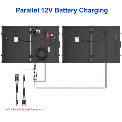 Parallel 12-volt battery charging diagram linking two ACOPower suitcases with MC4 Y branch connectors