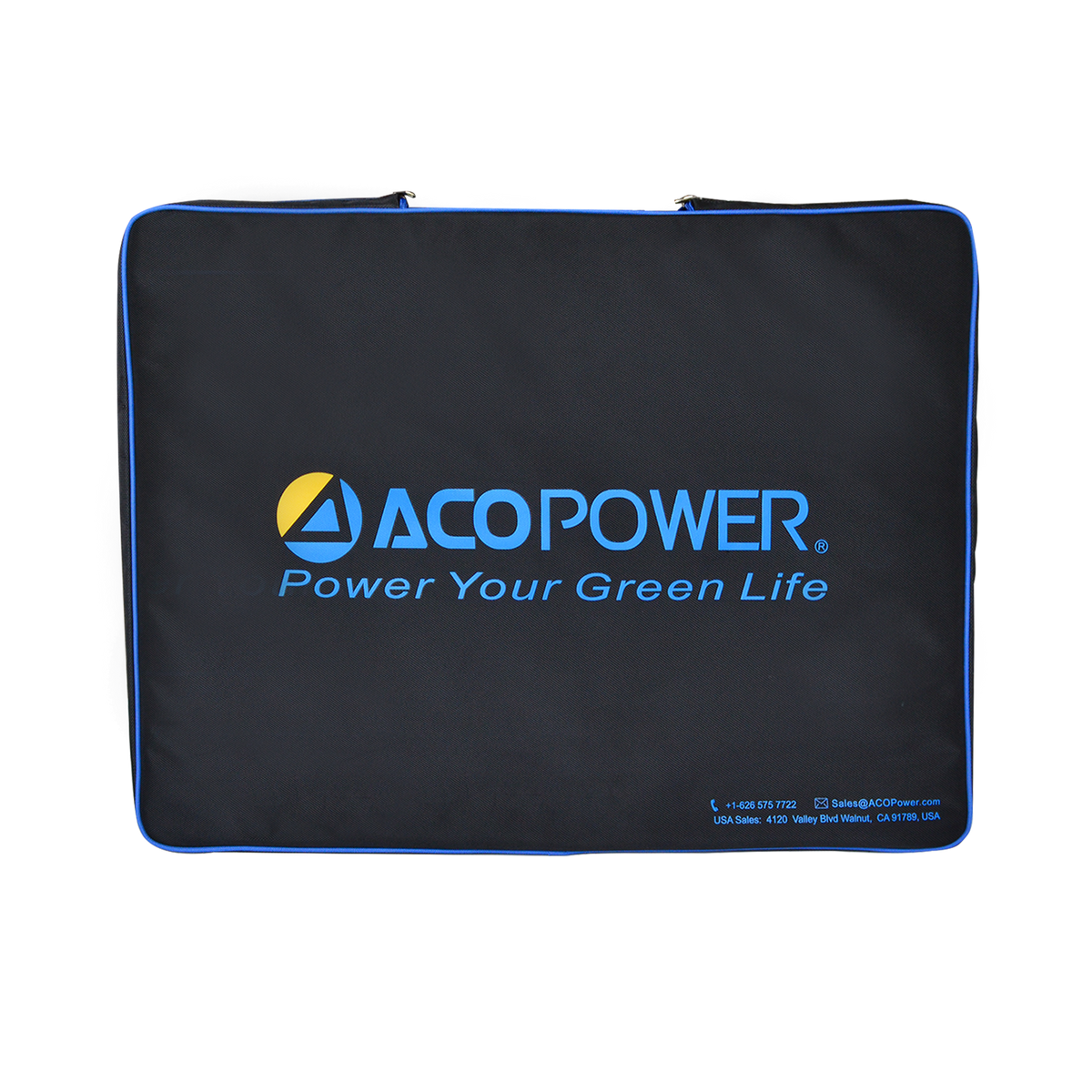 Black ACOPower zippered carry bag for the PLK 120W solar panel kit