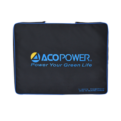 Black ACOPower zippered carry bag for the PLK 120W solar panel kit