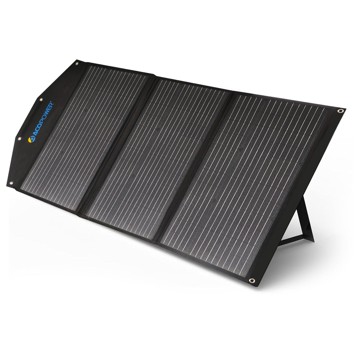 ACOPower 90W foldable solar panel suitcase unfolded on its kickstand