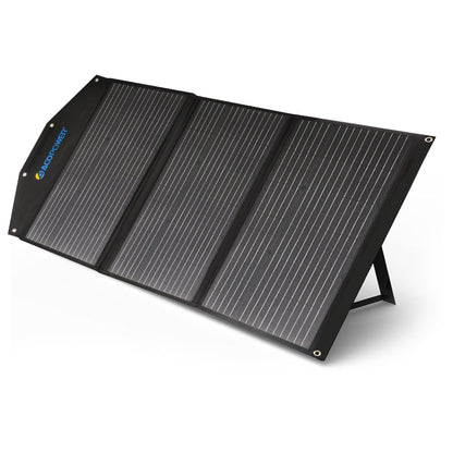 ACOPower 90W foldable solar panel suitcase unfolded on its kickstand
