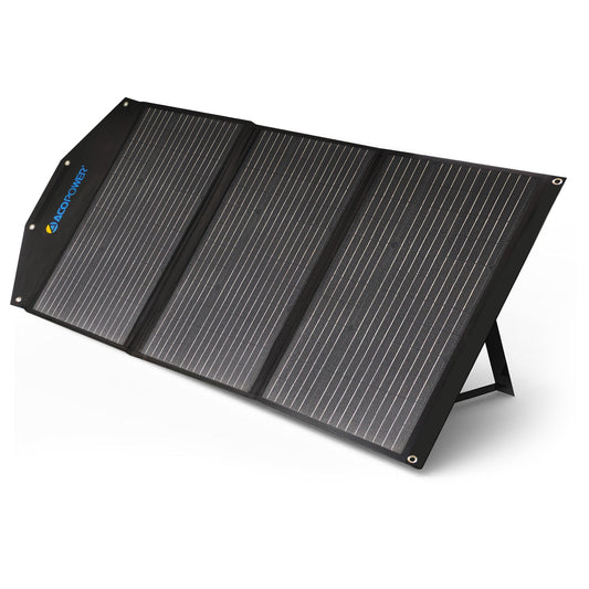 ACOPower 90W foldable solar panel suitcase unfolded on its kickstand