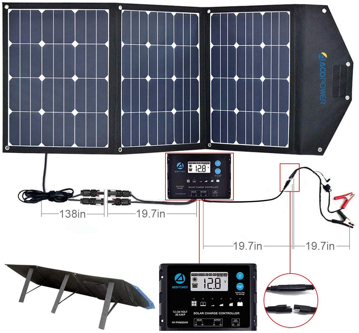 Cable lengths for connecting a foldable ACOPower panel to a 20A charge controller and 12-volt battery