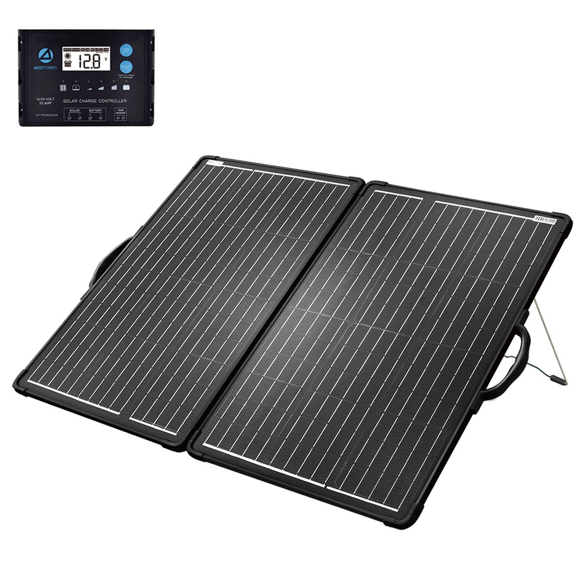 ACOPower PLK 120W solar panel kit unfolded on kickstands with its 20A charge controller