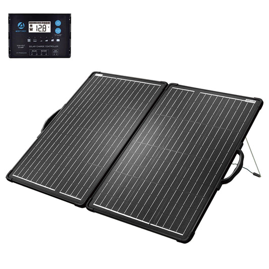 ACOPower PLK 120W solar panel kit unfolded on kickstands with its 20A charge controller