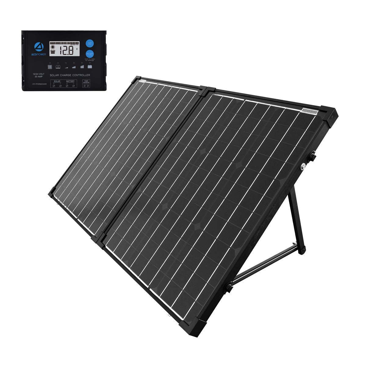 ACOPower 100W solar suitcase panel on its kickstand with the ProteusX 20A charge controller