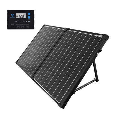 ACOPower 100W solar suitcase panel on its kickstand with the ProteusX 20A charge controller