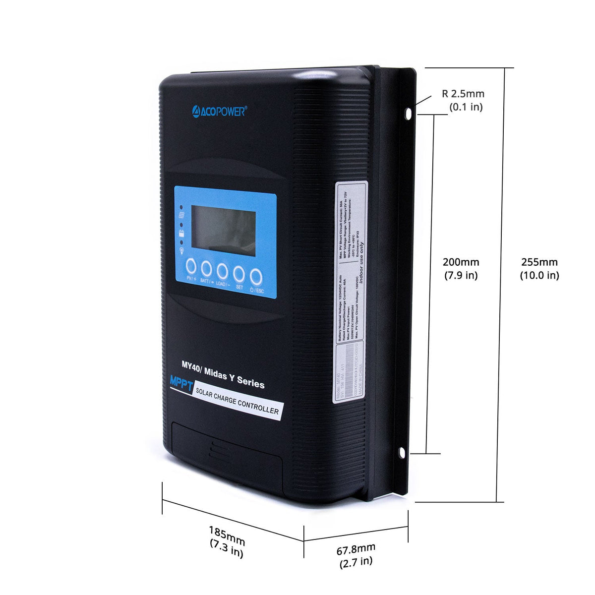 Midas 40 amp solar charge controller with dimension callouts
