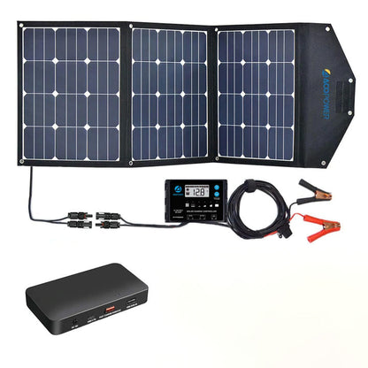 ACOPower foldable solar panel laid out with charge controller, cables, battery clamps, and power bank
