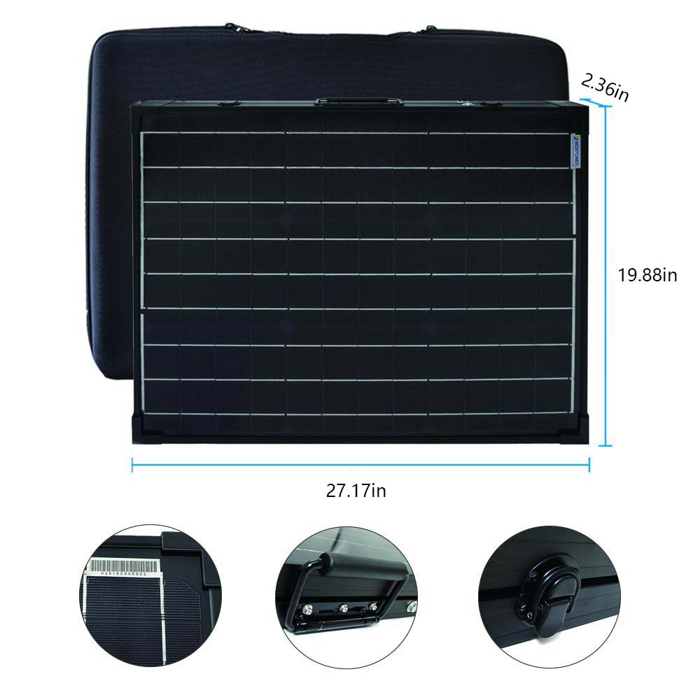 ACOPower 100W panel folded with its carry bag and packed dimensions