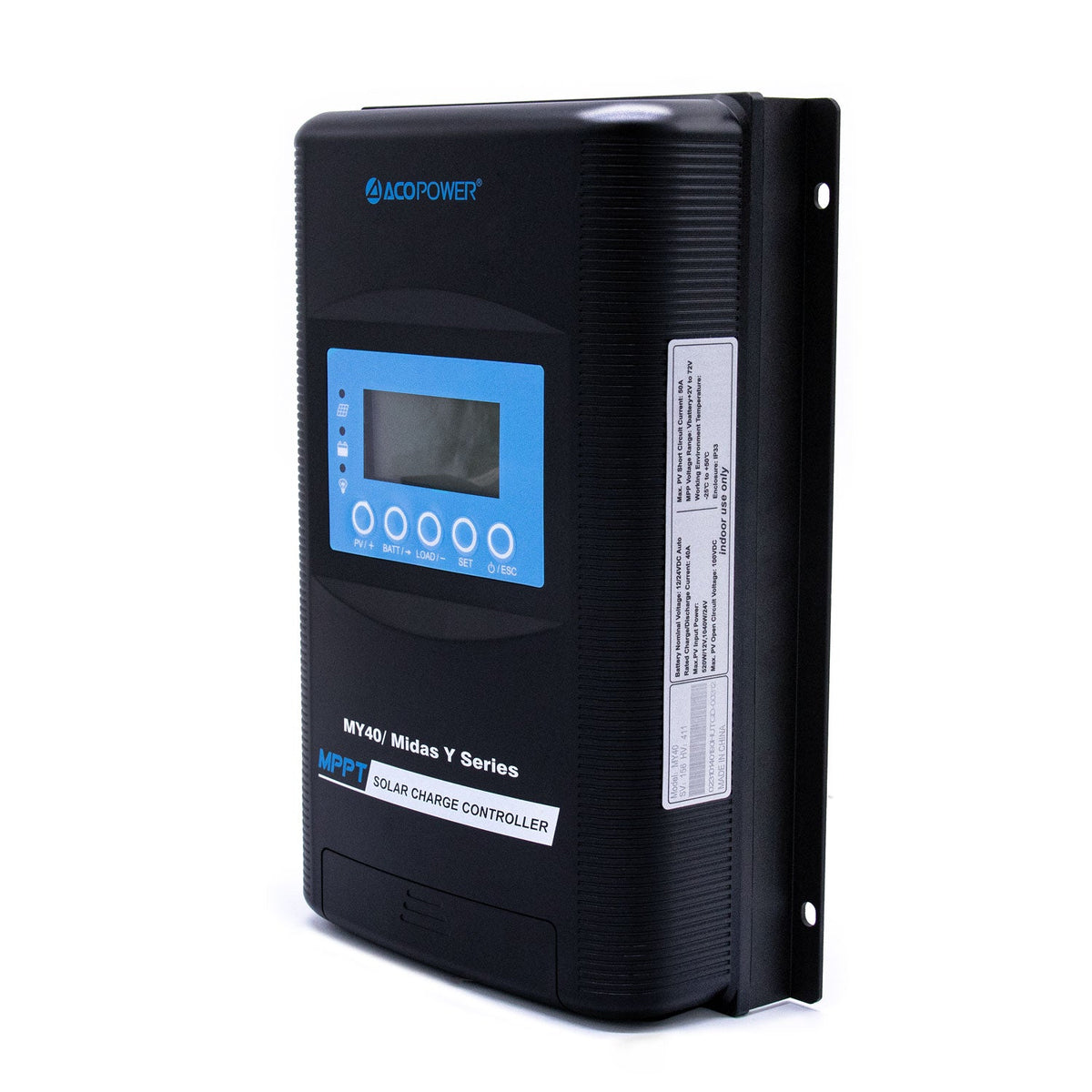 Midas 40 amp MPPT solar charge controller, angled side view