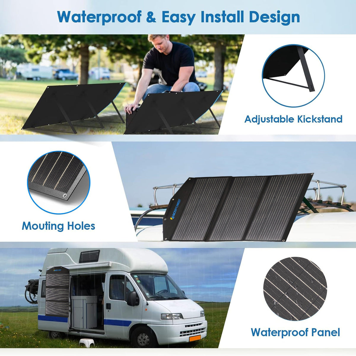 ACOPower 90W panel's adjustable kickstand, mounting holes, and waterproof design