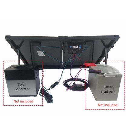 Back of the ACOPower 100W kit wired to a solar generator or lead-acid battery, sold separately