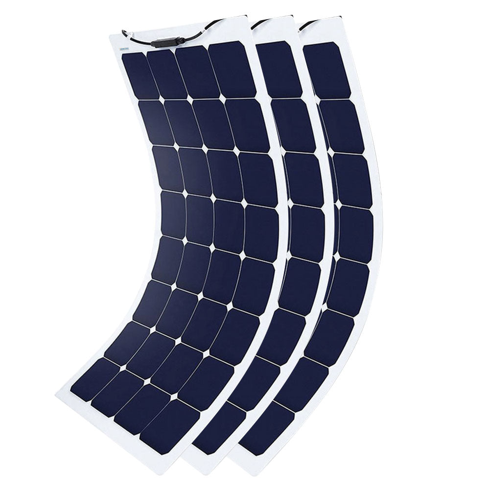 Three ACOPOWER 110 watt flexible solar panels side by side for 330 watts