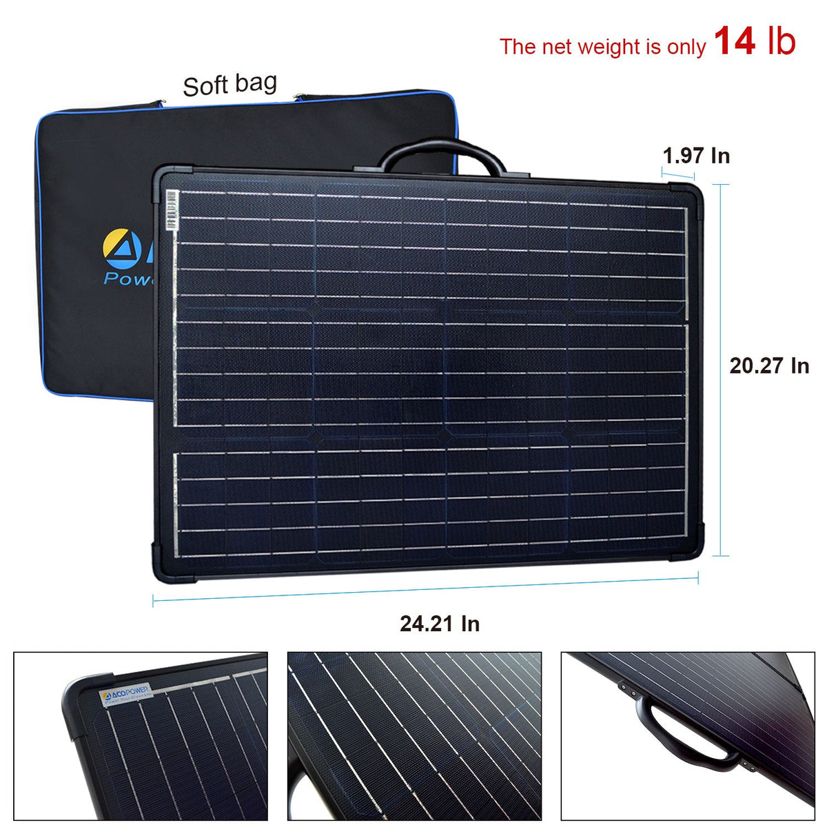 ACOPower PLK 120W panel folded with its soft bag and packed dimensions
