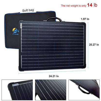 ACOPower PLK 120W panel folded with its soft bag and packed dimensions