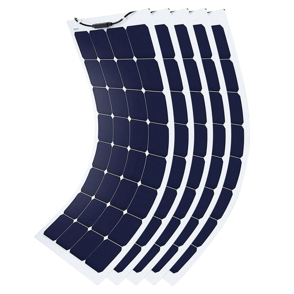 Five ACOPOWER 110 watt flexible solar panels side by side for 550 watts