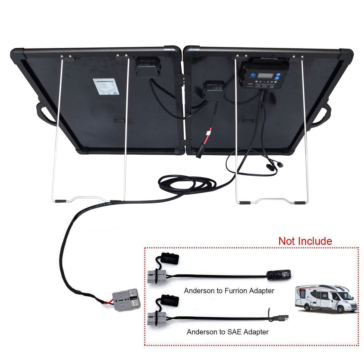 Back of the ACOPower PLK 120W kit with cables, noting Anderson adapters are not included