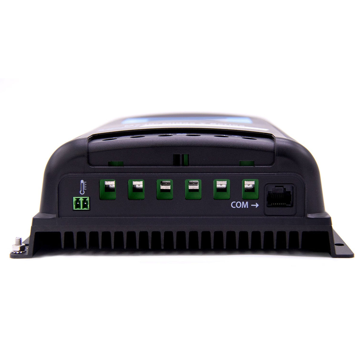 Closeup of the Midas 40 amp controller's wiring terminals and COM port