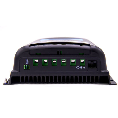 Closeup of the Midas 40 amp controller's wiring terminals and COM port