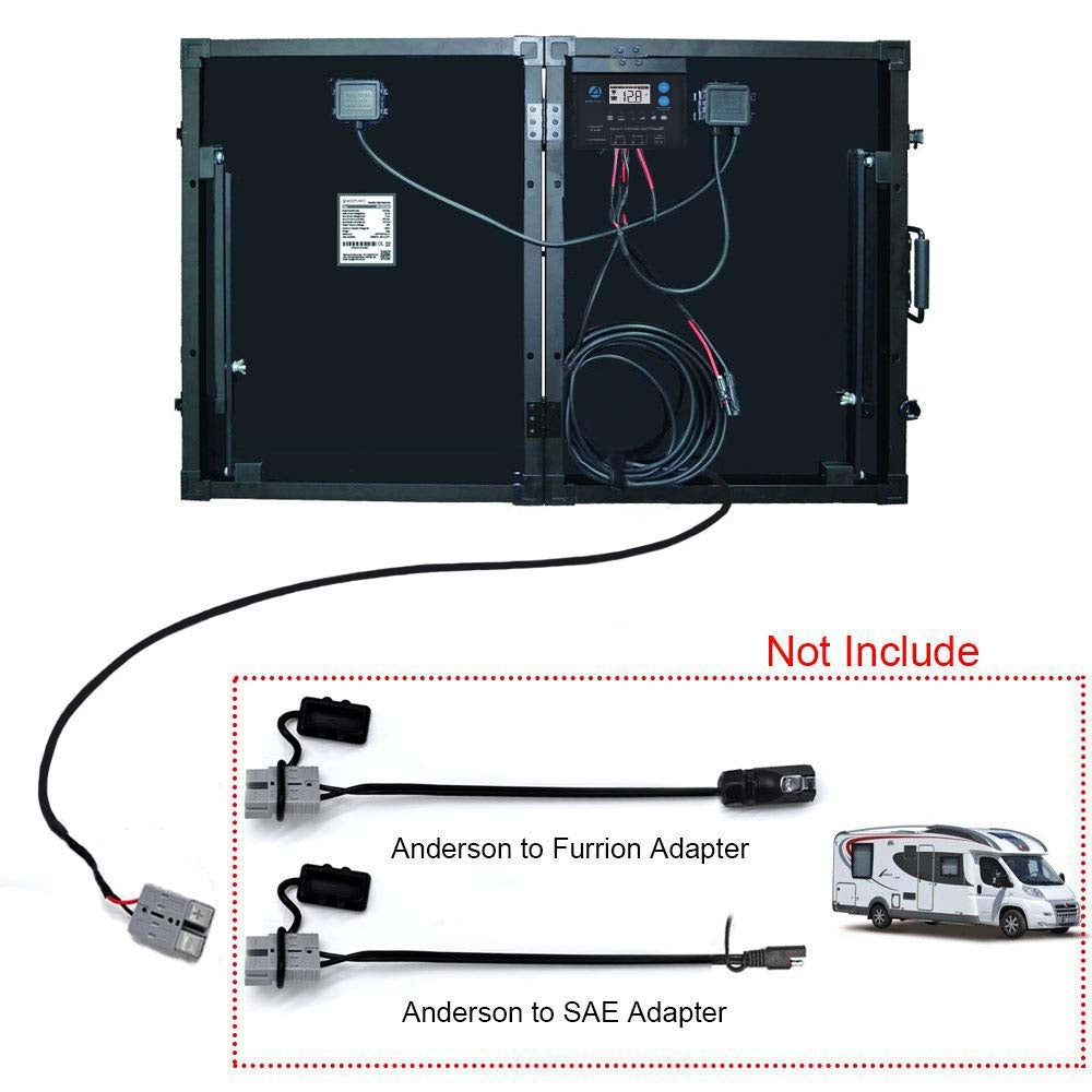 Back of the ACOPower 100W kit; Anderson to Furrion and Anderson to SAE adapters not included