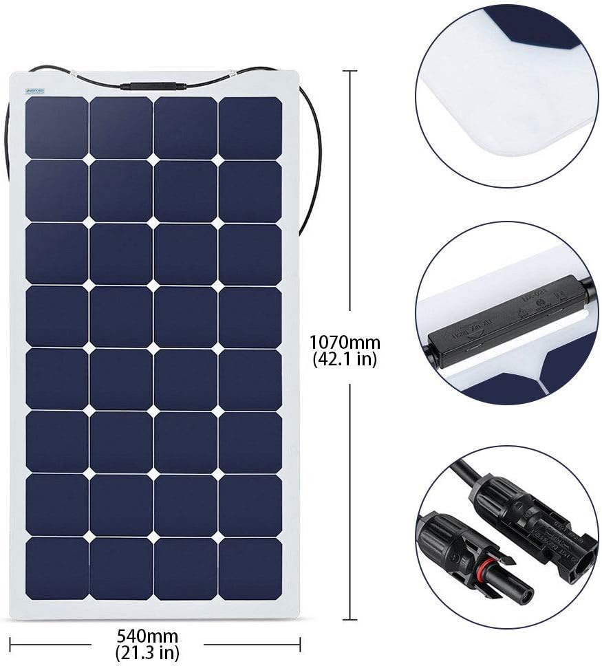 ACOPOWER 110 watt flexible solar panel with dimension and connector callouts