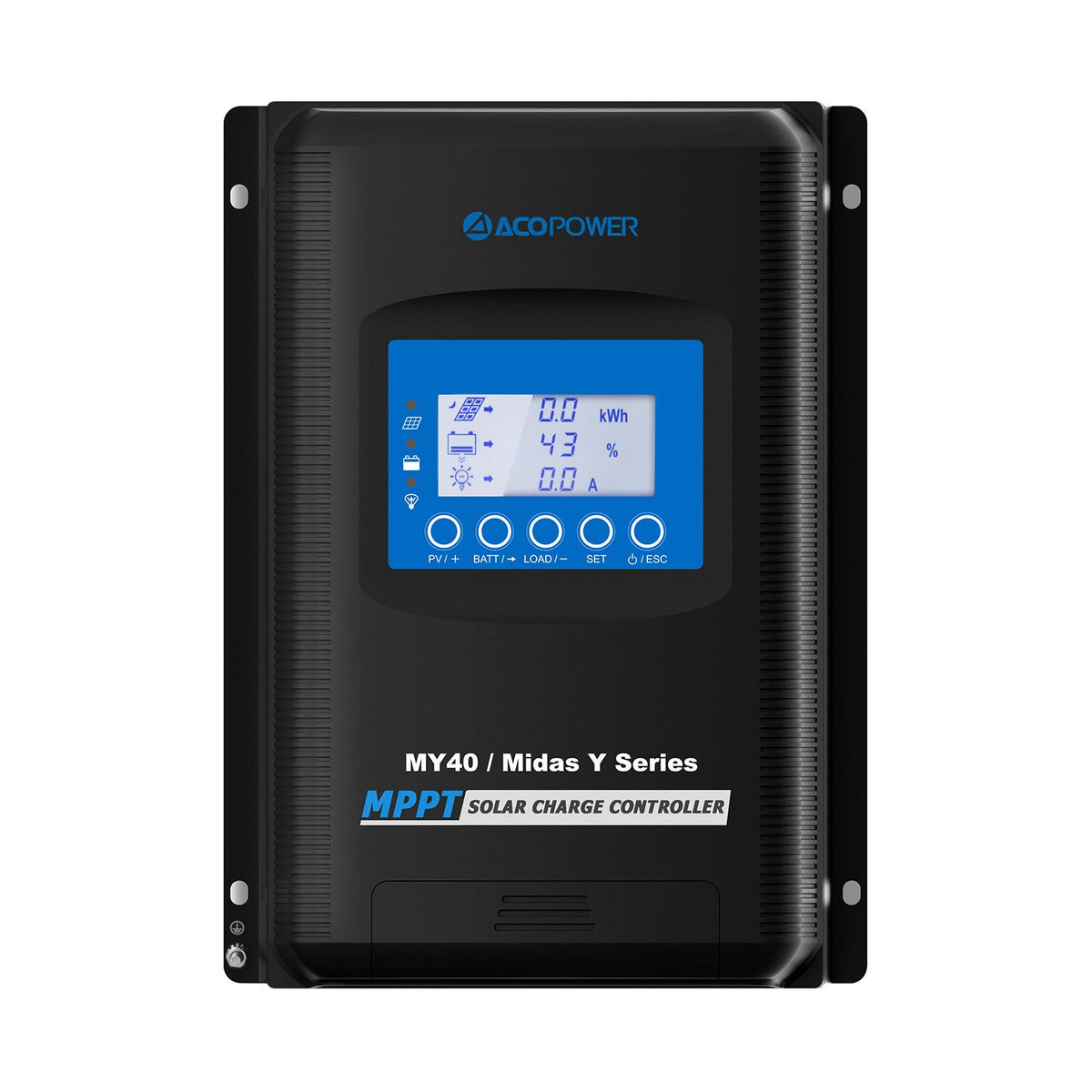Midas 40 amp MPPT solar charge controller, front view with display on