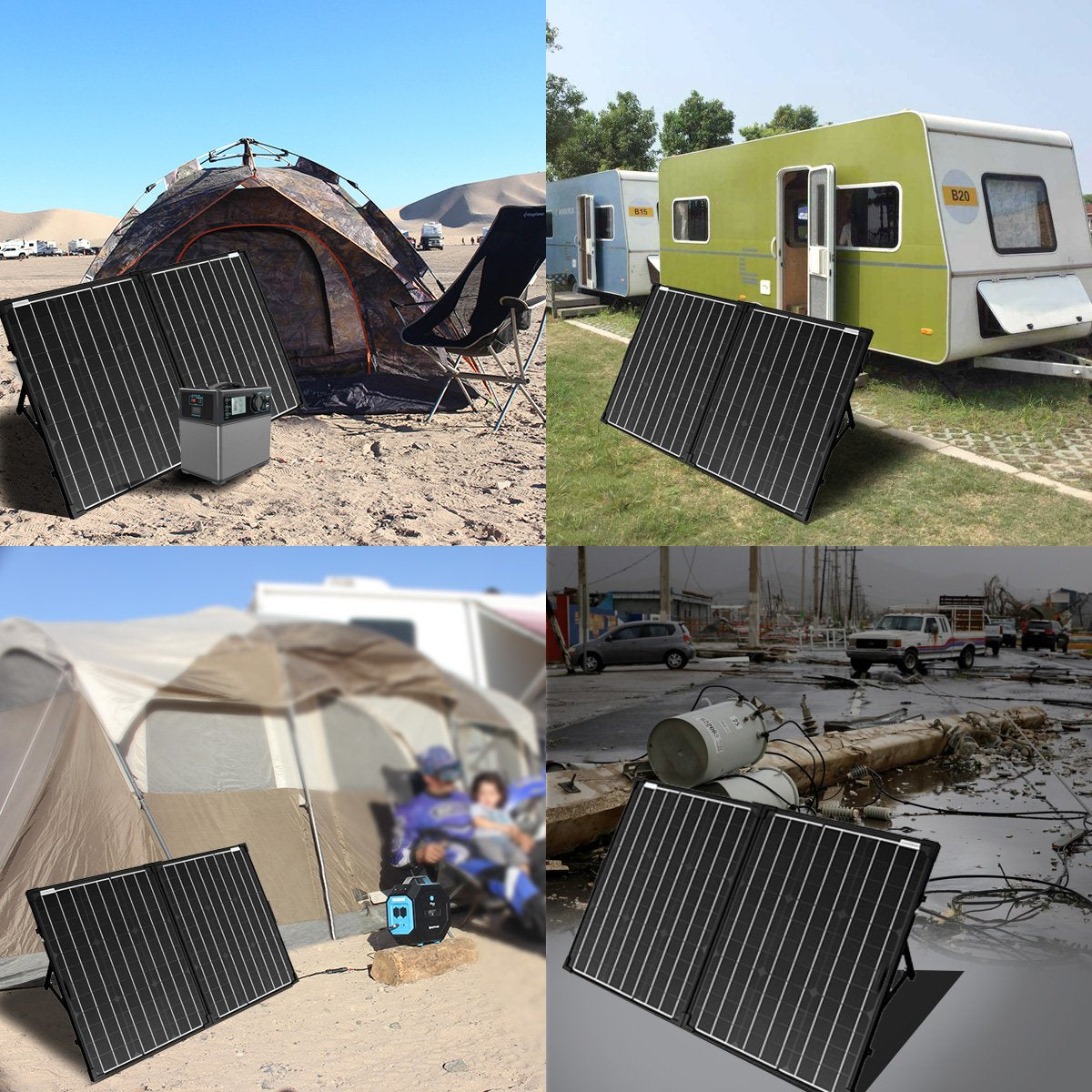 ACOPower 100W solar suitcase folded in front of its carry bag with dimension callouts