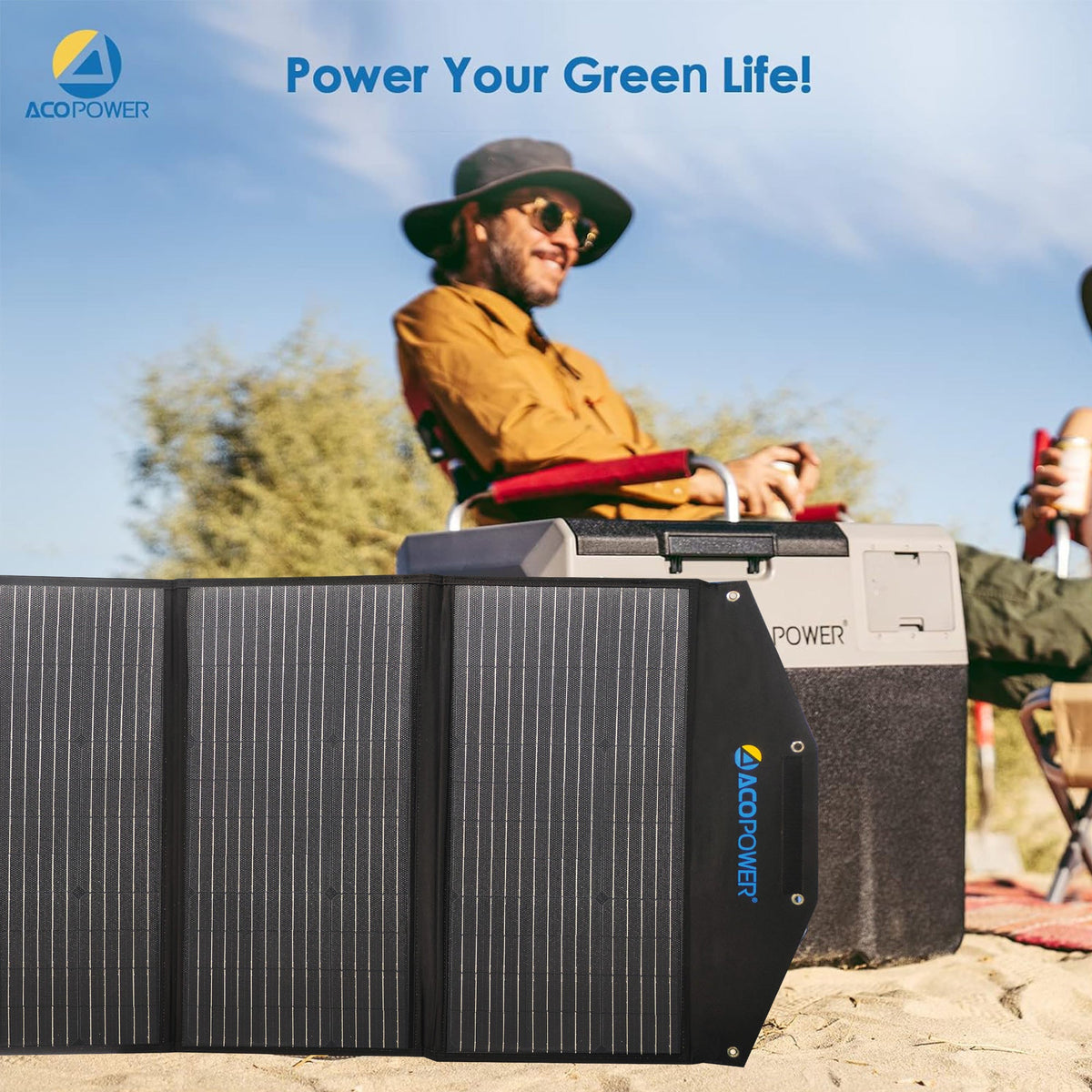 ACOPower 90W solar panel powering a portable cooler at the beach