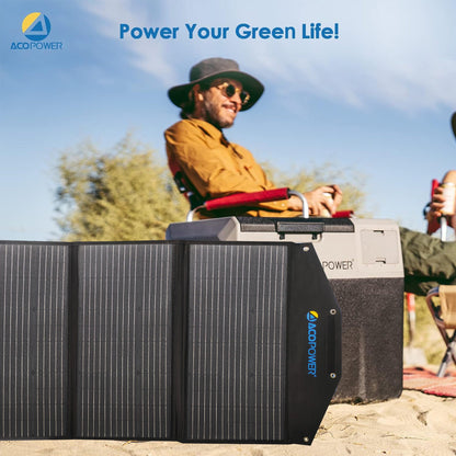 ACOPower 90W solar panel powering a portable cooler at the beach