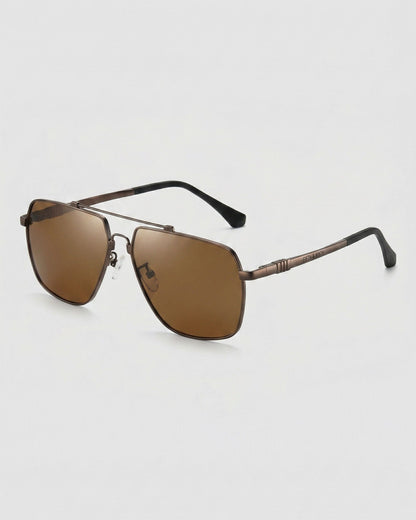 Fifth & Ninth East polarized aviator sunglasses with a bronze frame and brown lenses, angled side view