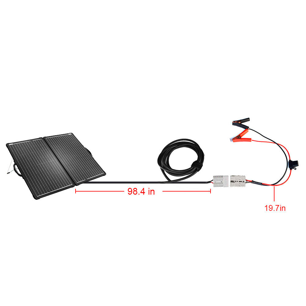 Cable length diagram for the ACOPower PLK 120W kit: 98.4-inch panel cable and 19.7-inch clip lead