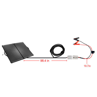 Cable length diagram for the ACOPower PLK 120W kit: 98.4-inch panel cable and 19.7-inch clip lead
