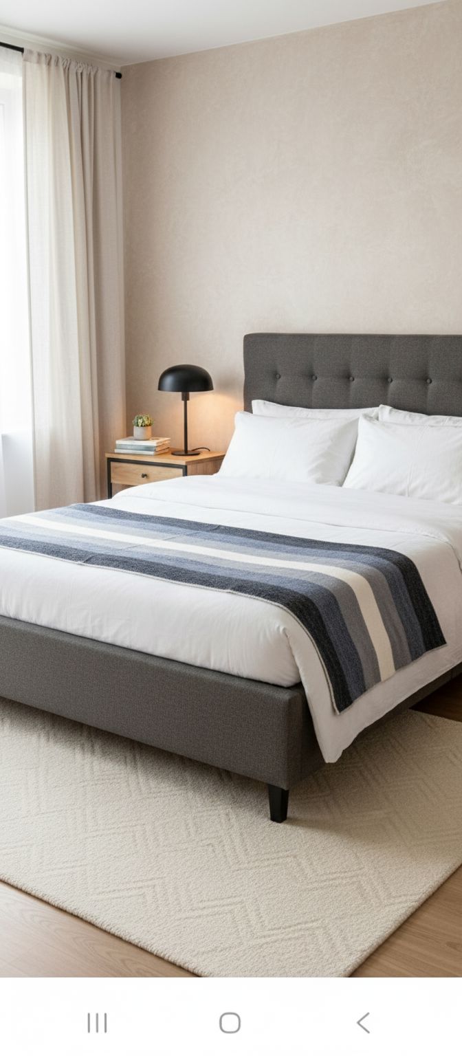 Gray striped alpaca bed blanket across the foot of a bed in a styled bedroom