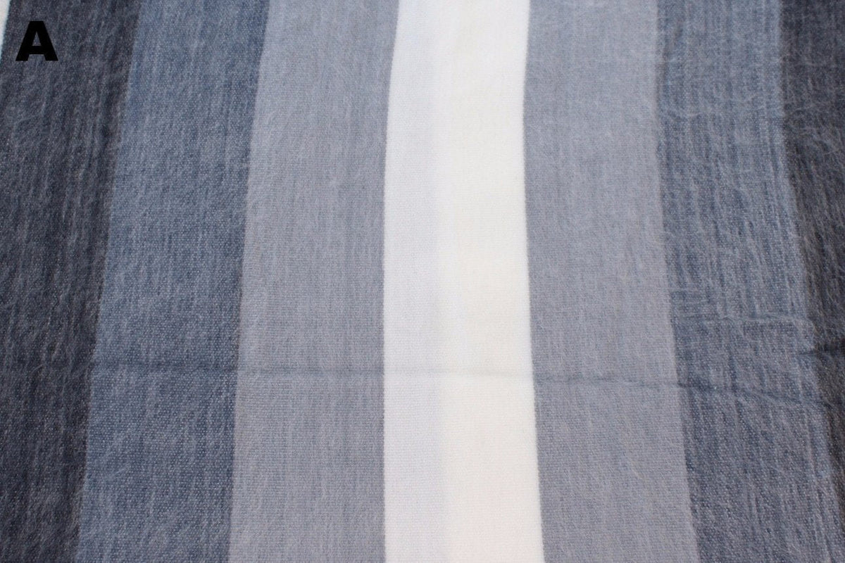 Closeup of the gray and white striped alpaca blanket's weave
