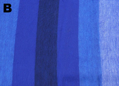 Closeup of the blue and white striped alpaca blanket's weave