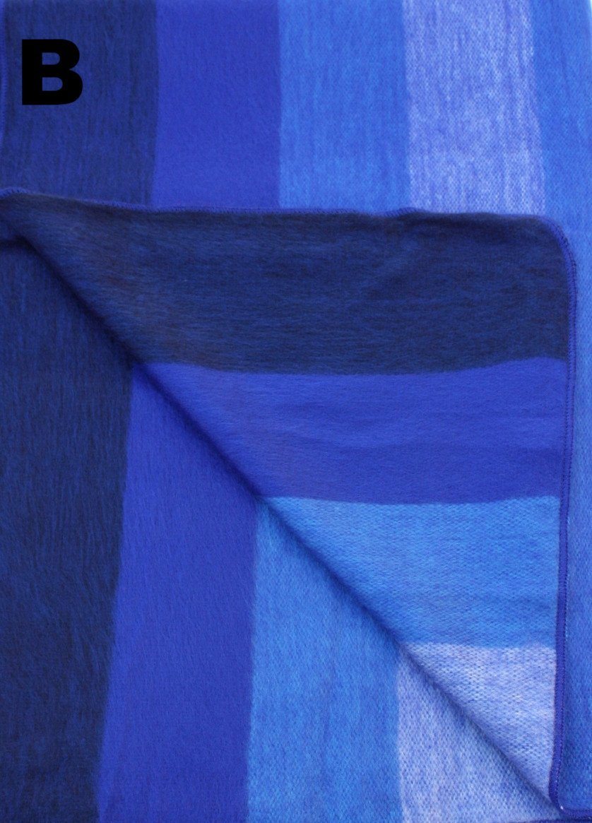 Blue and white striped alpaca bed blanket folded to show its layers