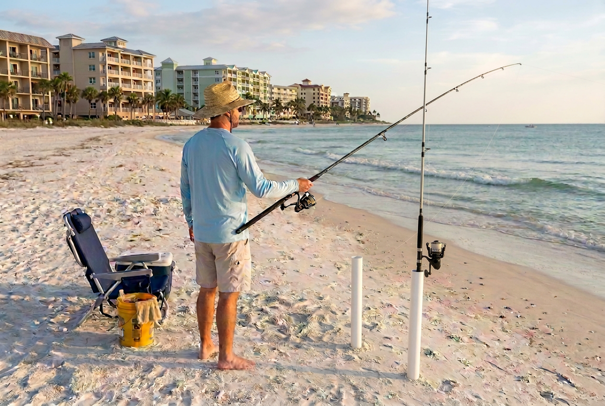 Beach fishing preview with the rod standing vertically in its sand spike