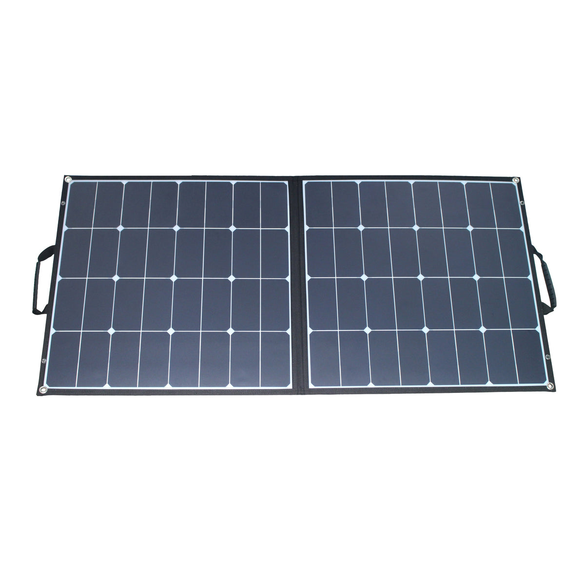 ACOPOWER 100W foldable solar panel fully unfolded, angled front view