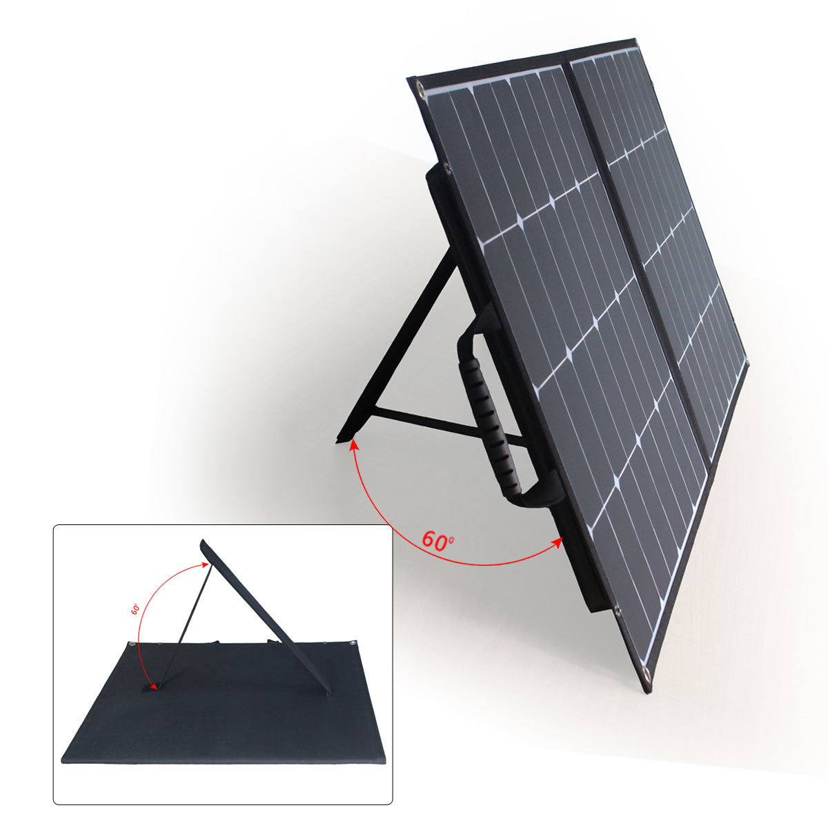 ACOPOWER 100W foldable solar panel standing on its 60-degree kickstand