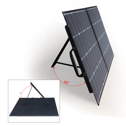 ACOPOWER 100W foldable solar panel standing on its 60-degree kickstand
