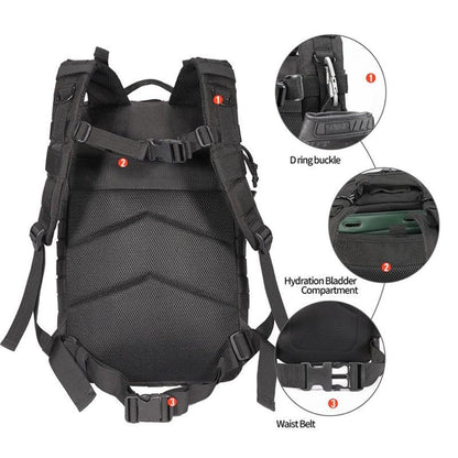 Back panel of the 42L tactical backpack showing the D-ring buckle, hydration bladder compartment, and waist belt