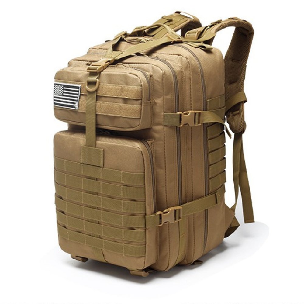 Tan 42 liter tactical backpack bag with a USA flag patch